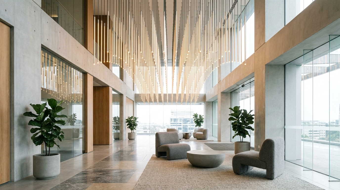 Инсталляция Linea Cascade в светлом атриуме